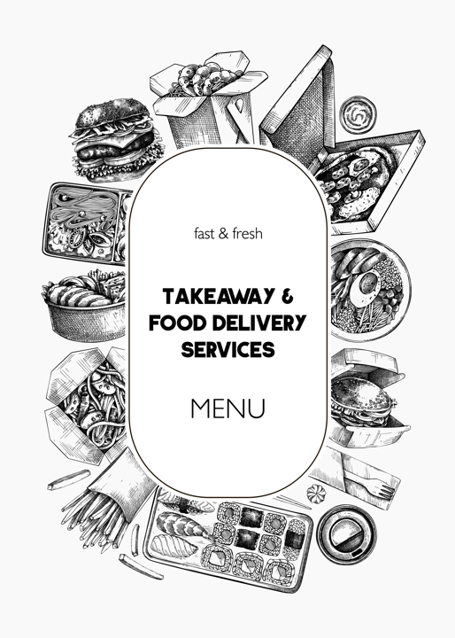 Engraved fast food restaurant wreath. Hand-drawn vector illustration. Burger, pizza box, paper bag, coffee cup sketch. Takeaway food or delivery menu design, poster template
